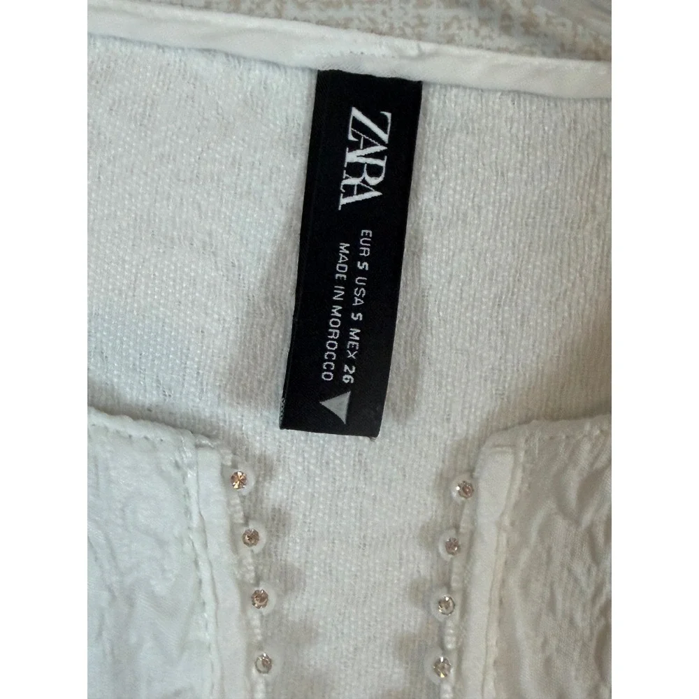 Zara Womens White Textured Ruffle Puff Sleeve Rhinestone Zip Blouse •S• Coquette
